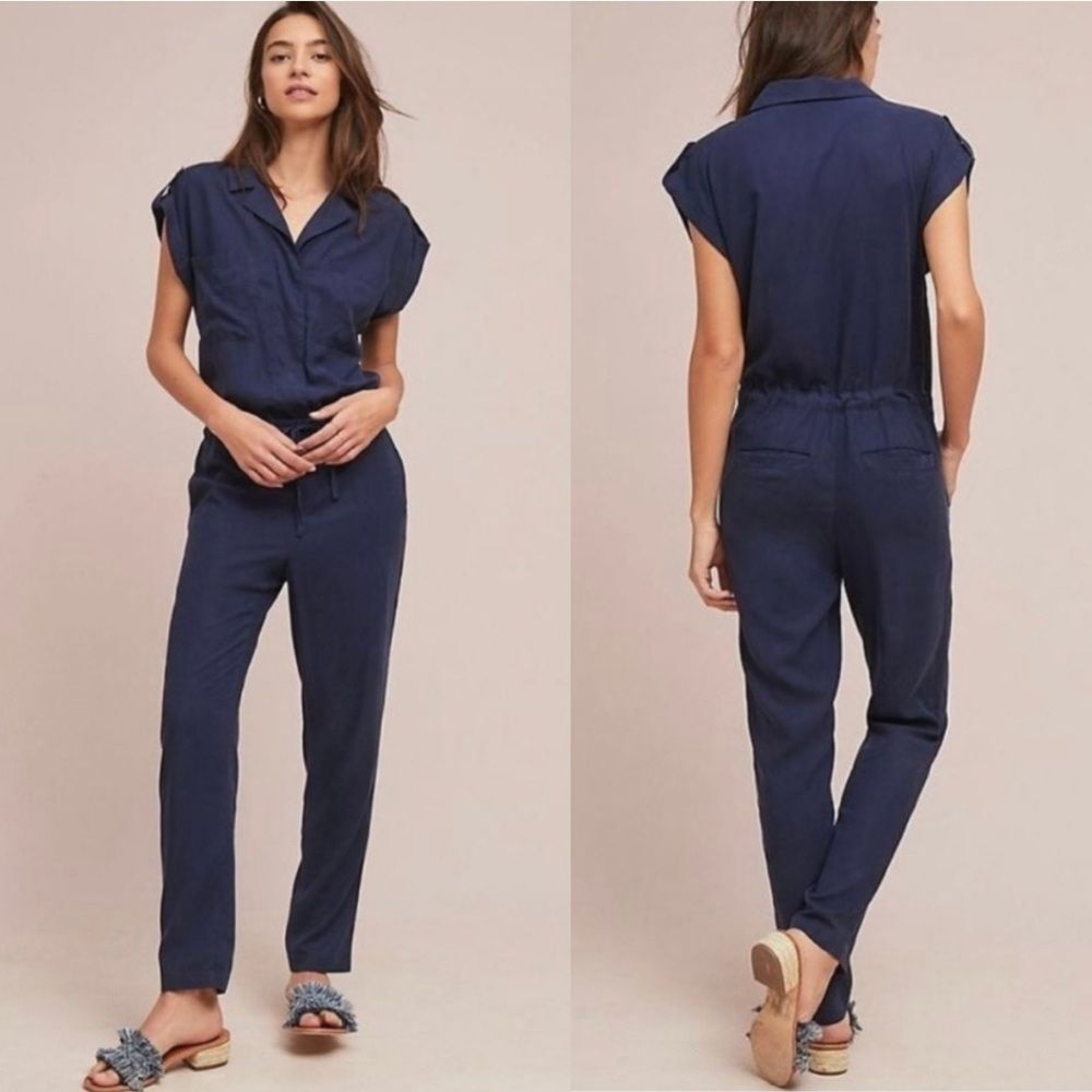 Sanctuary For Anthropologie Navy Short Sleeve Surplice Jumpsuit Size Medium Chic